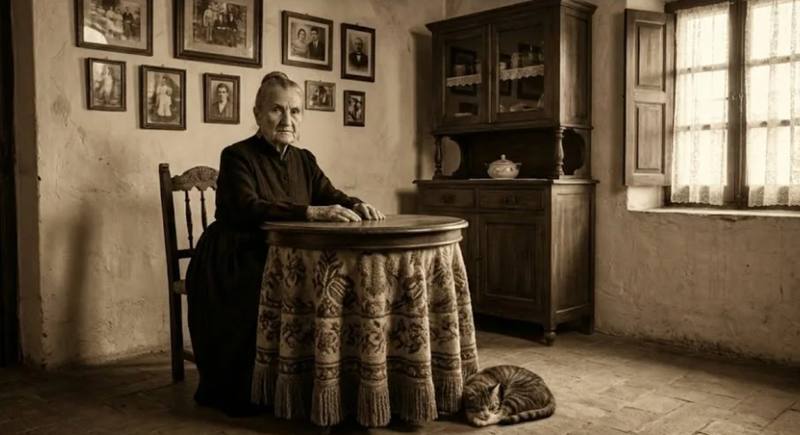 Fotografía antigua de la bisabuela Tomasa sentada junto a su mesa camilla